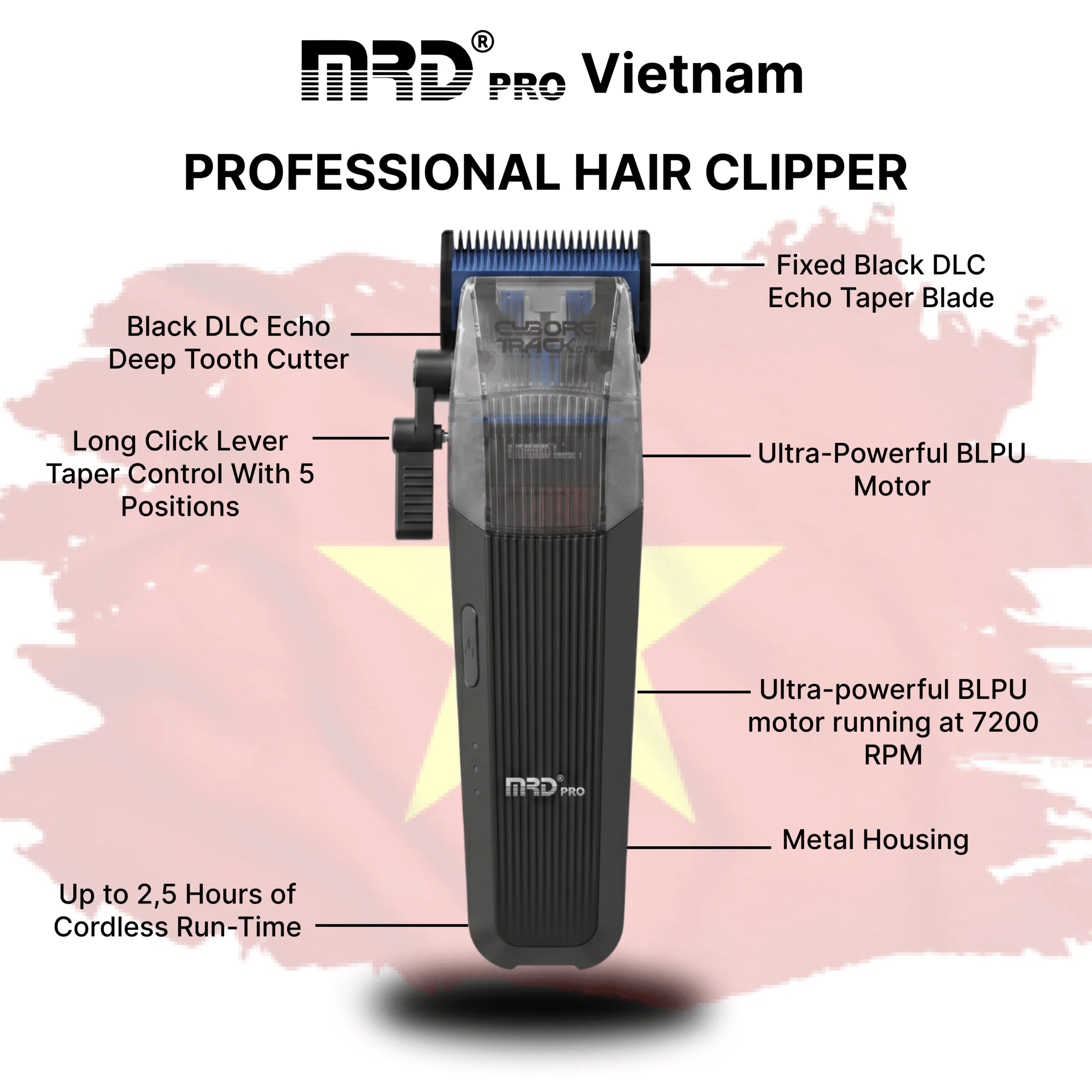 MRDpro CYBORG PRO 2026-BLACK-Professional Cordless Hair Clipper - Full Metal, 3300mAh, BLPU Motor for Barbers - Image 6