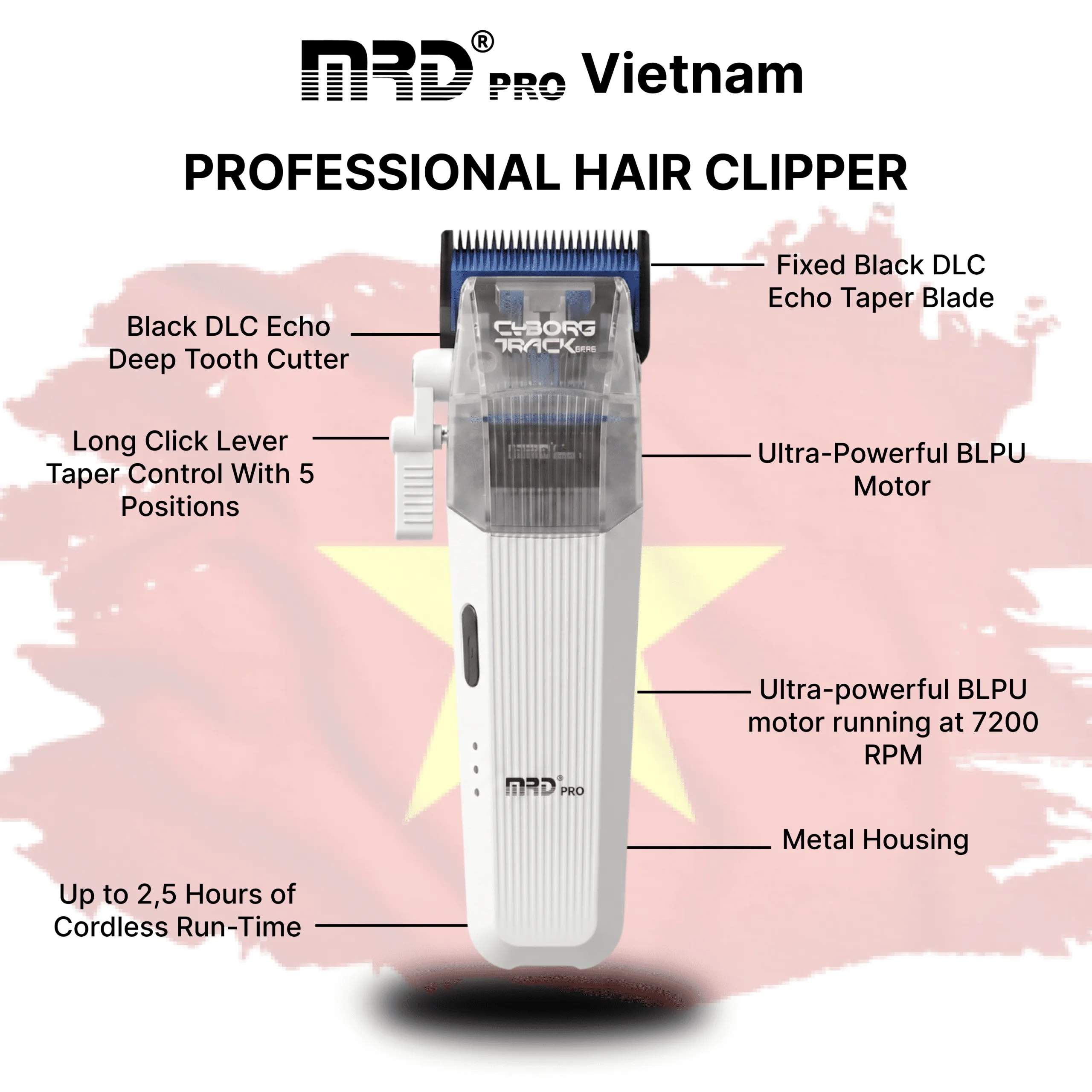 MRDpro CYBORG PRO 2026-WHITE-Professional Cordless Hair Clipper - Full Metal, 3300mAh, BLPU Motor for Barbers - Image 6