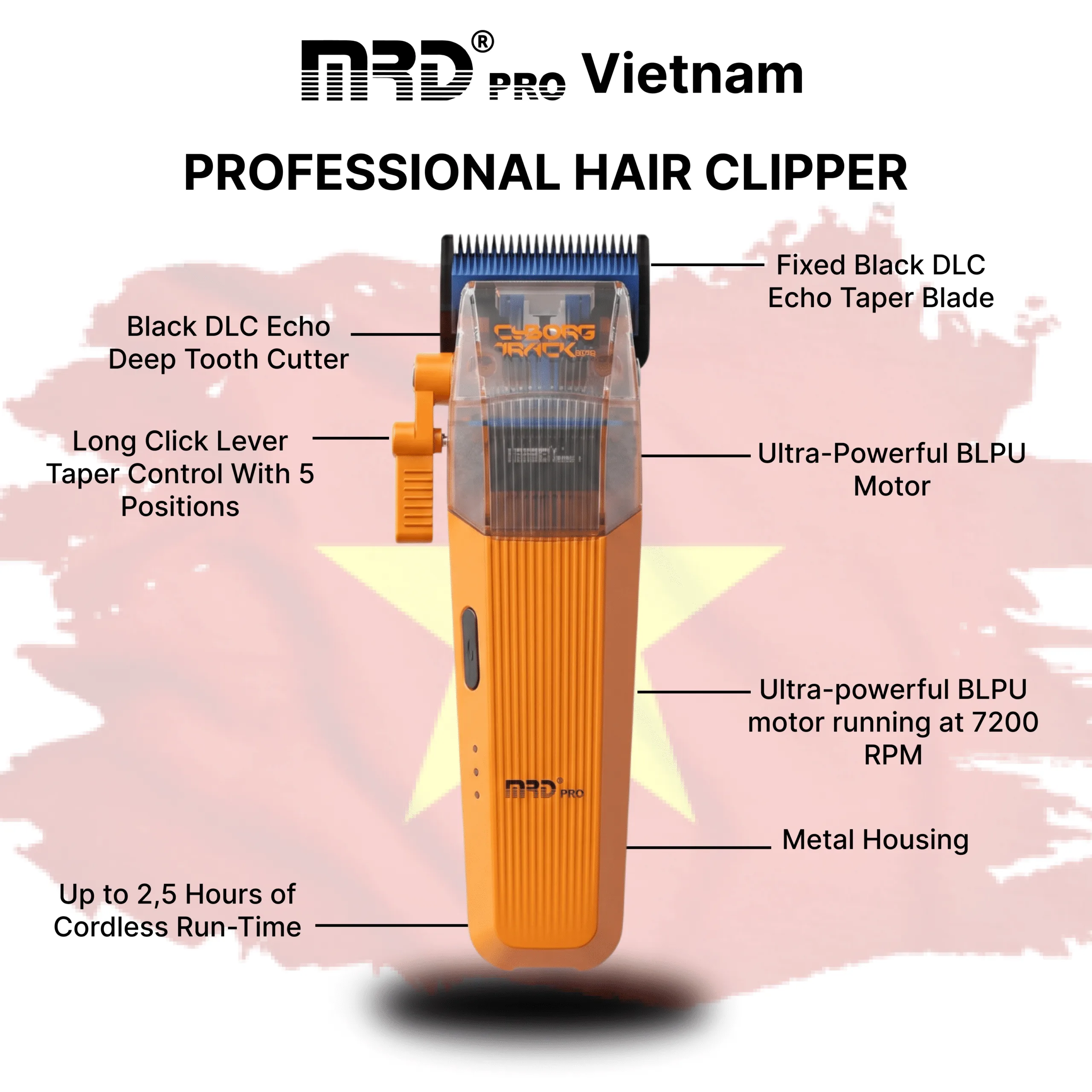 MRDpro CYBORG PRO 2026-ORANGE-Professional Cordless Hair Clipper - Full Metal, 3300mAh, BLPU Motor for Barbers - Image 6
