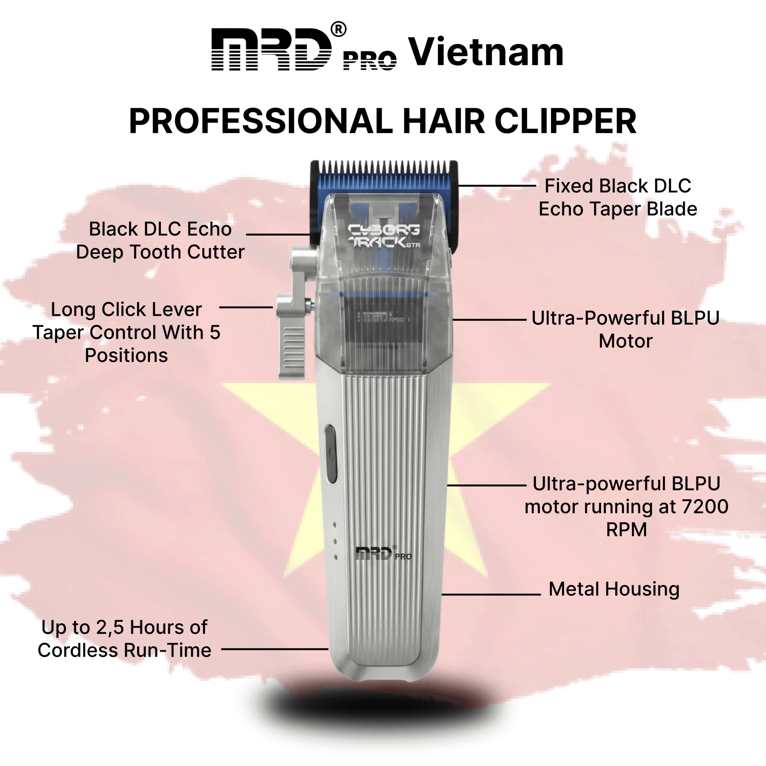 MRDpro CYBORG PRO 2026-SILVER-Professional Cordless Hair Clipper - Full Metal, 3300mAh, BLPU Motor for Barbers - Image 3